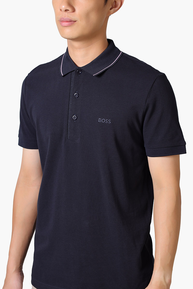 HUGO BOSS Men Paule 4 Stripe Detal Slim Fit Polo Shirt in Dark Blue/Pink Cotton Pique with Tonal Logo 3