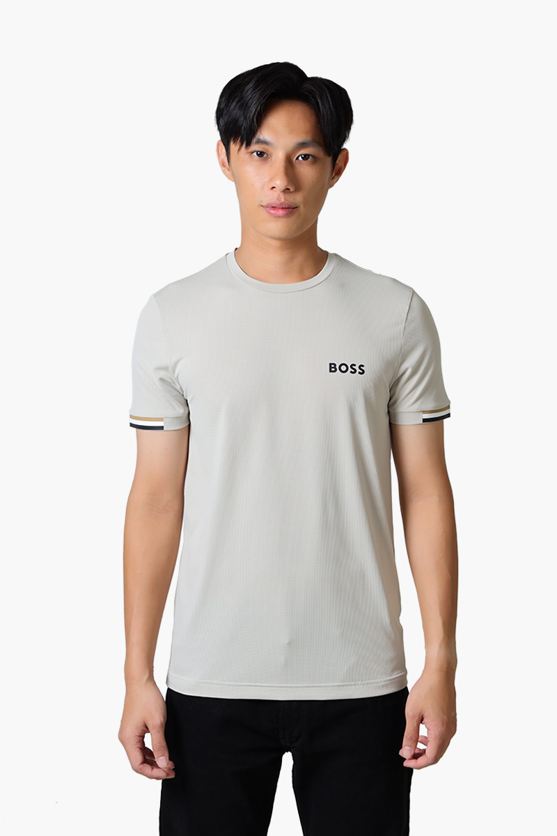 HUGO BOSS x MATTEO BERRETTINI Logo Waffle Fabric T-shirt in Light Beige with Signature Stripe Artwork 0