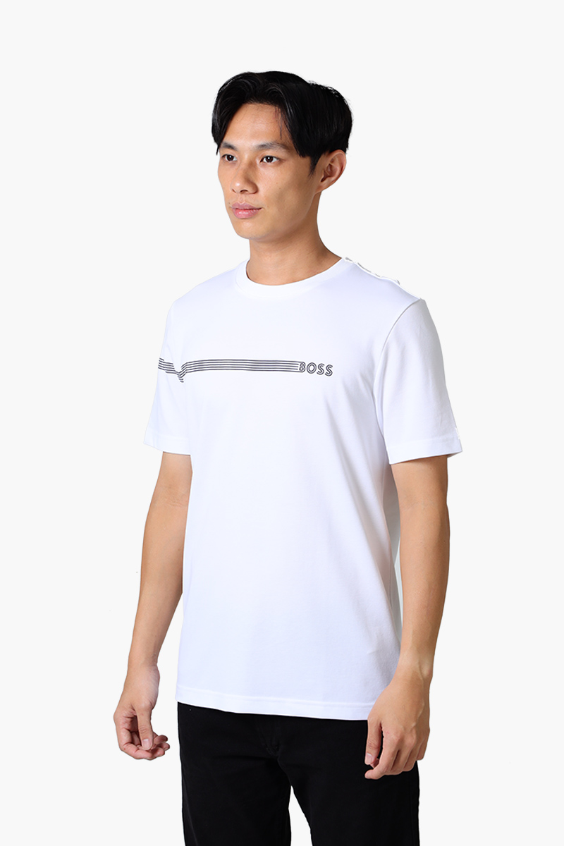 HUGO BOSS Men Tee 5 Stretch Cotton Regular Fit T-Shirt in White with Stripe Logo 2