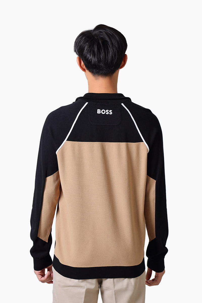 HUGO BOSS Men Hydro-X FA24 Cotton Blend Colour-Blocking Sweater in Black/Brown with Logo 1