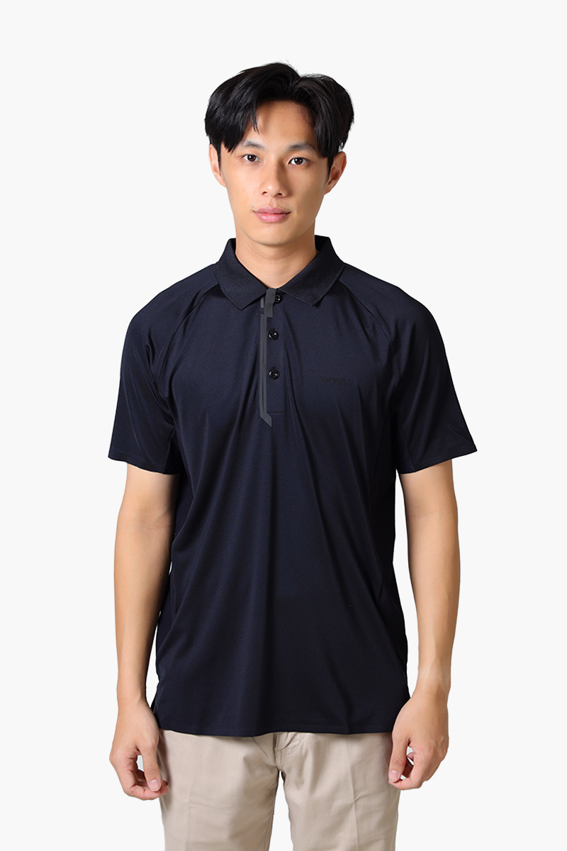 HUGO BOSS Men Paddytech Mixed-Material Polo Shirt in Black with Decorative Reflective Logo 0