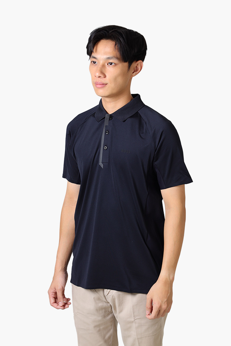 HUGO BOSS Men Paddytech Mixed-Material Polo Shirt in Black with Decorative Reflective Logo 2