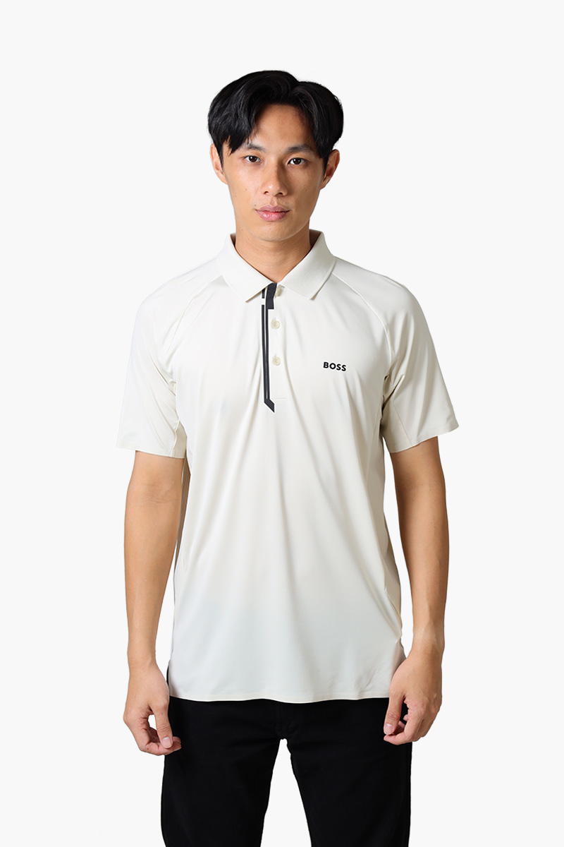 HUGO BOSS Men Paddytech Mixed-Material Polo Shirt in Light Beige with Decorative Reflective Logo 0