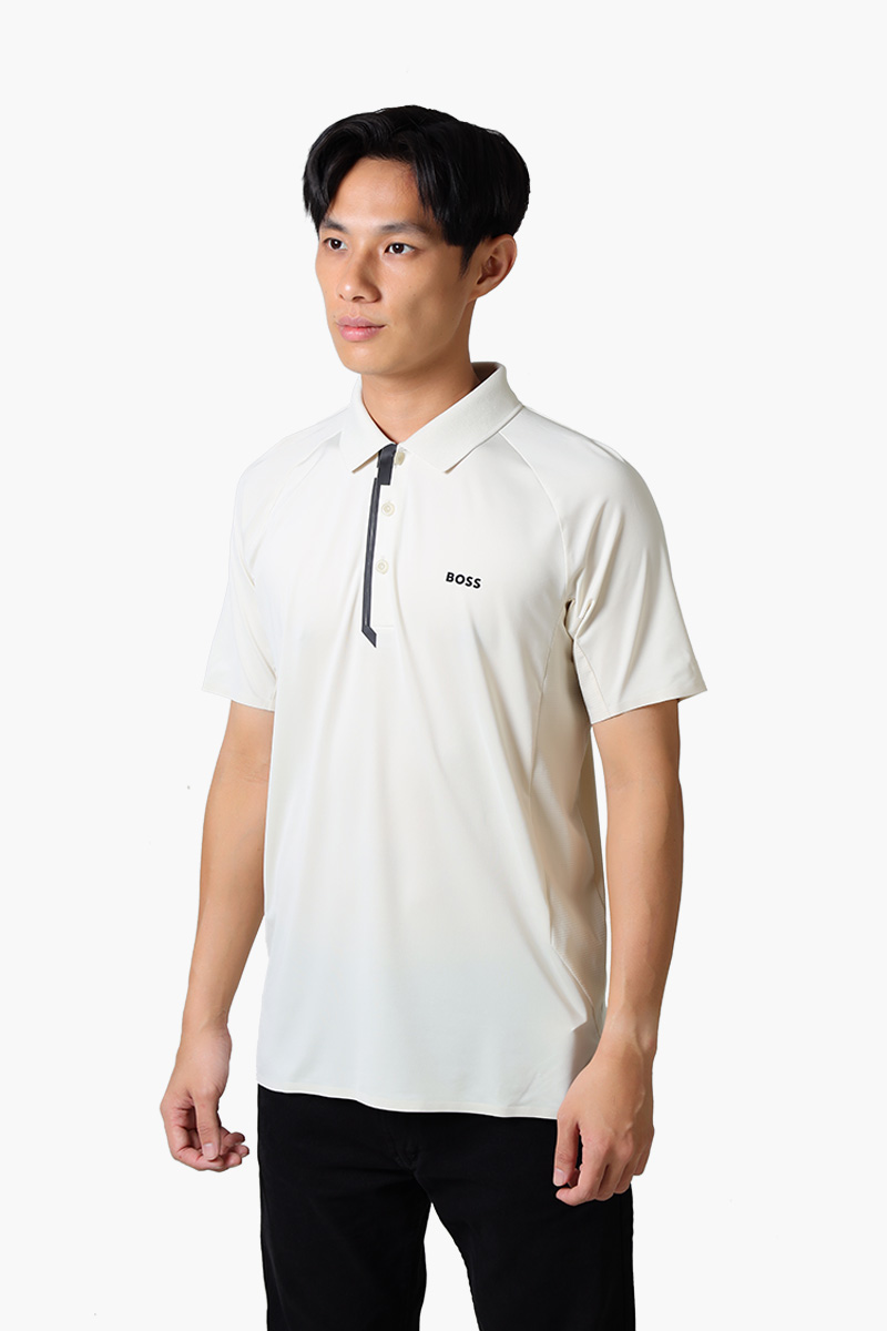 HUGO BOSS Men Paddytech Mixed-Material Polo Shirt in Light Beige with Decorative Reflective Logo 2