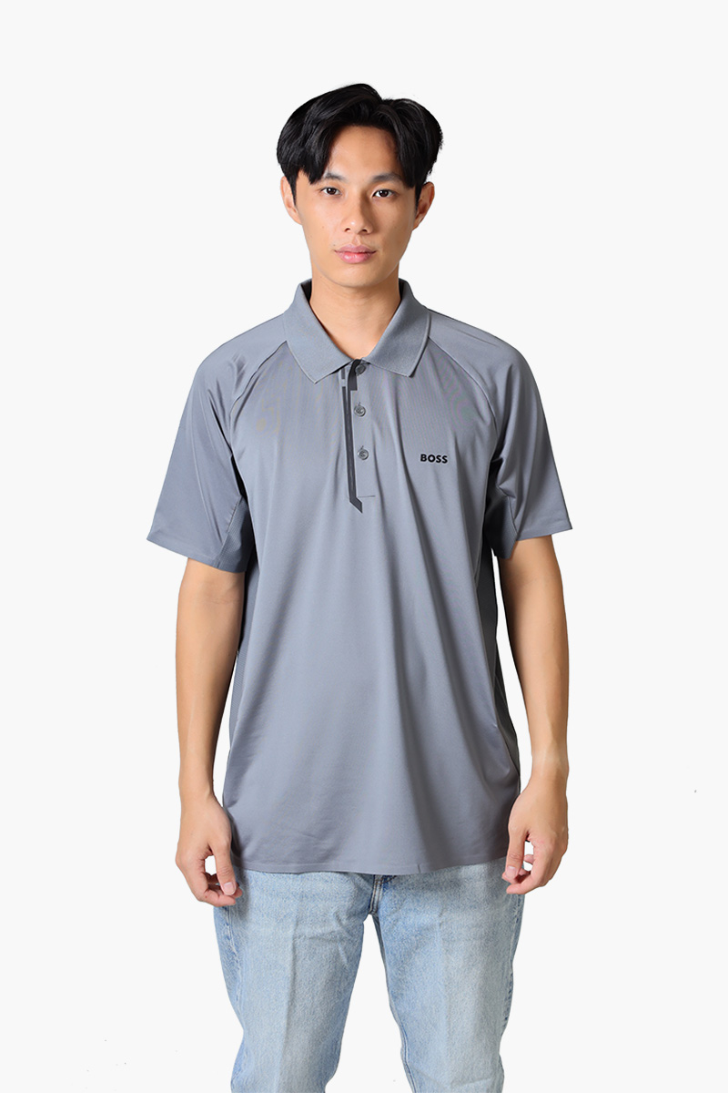 HUGO BOSS Men Paddytech Mixed-Material Polo Shirt in Grey with Decorative Reflective Logo 0