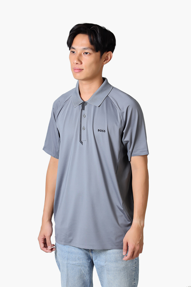 HUGO BOSS Men Paddytech Mixed-Material Polo Shirt in Grey with Decorative Reflective Logo 2