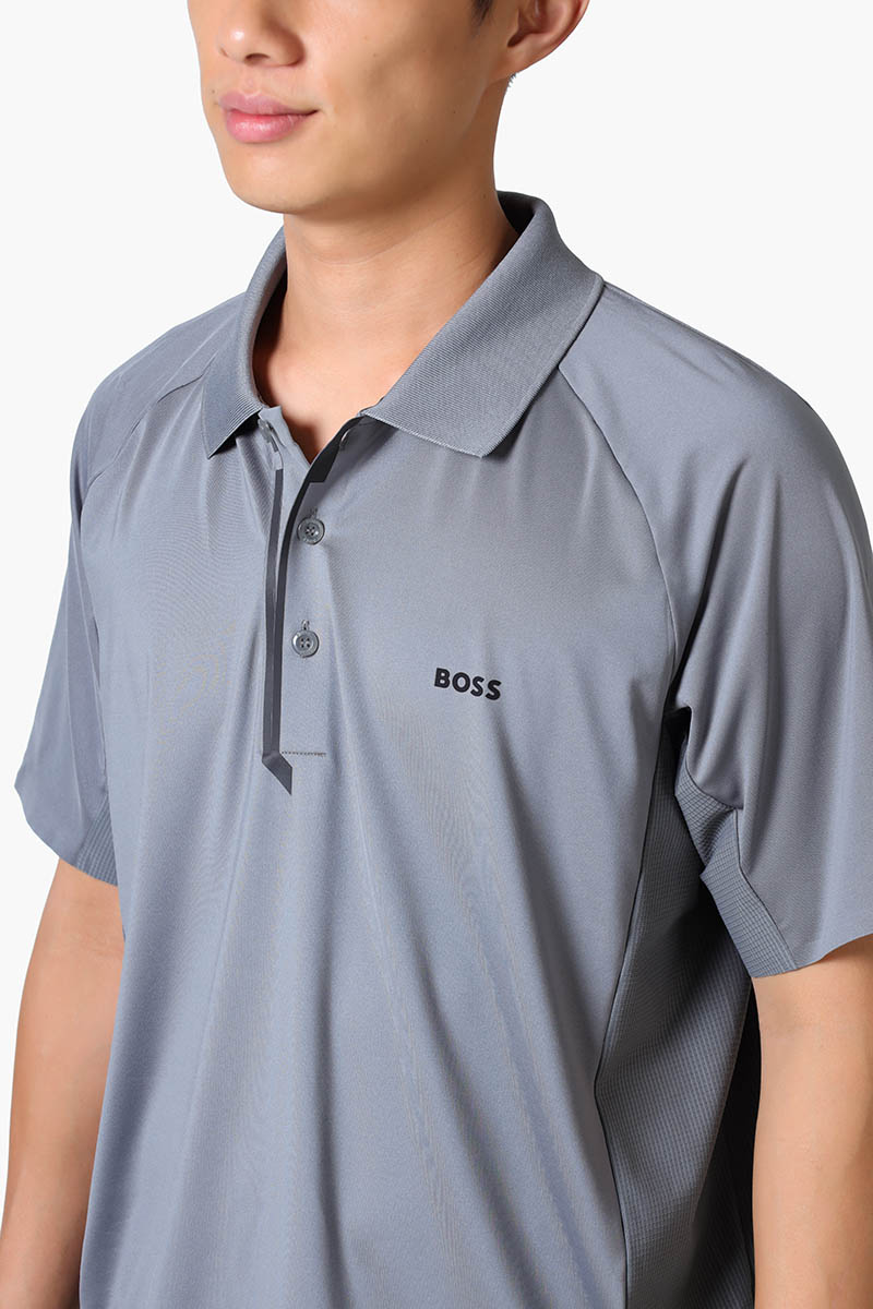 HUGO BOSS Men Paddytech Mixed-Material Polo Shirt in Grey with Decorative Reflective Logo 3