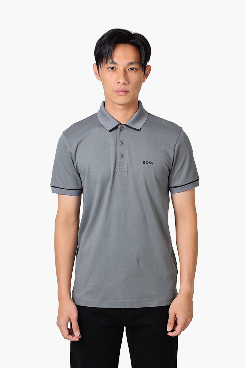 HUGO BOSS Men Paule Interlock Cotton Slim-Fit Polo Shirt in Grey with Contrast Trims 0