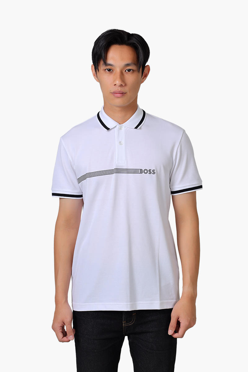 HUGO BOSS Men Paddy 1 Polo Shirt in White with Stripes and Logo 0