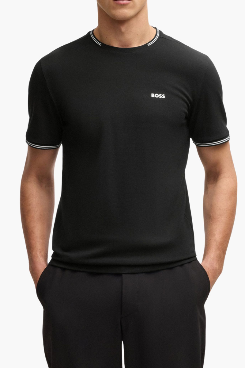 HUGO BOSS Men Taul Stretch Cotton T-Shirt in Black/White with Stripes and Logo 1