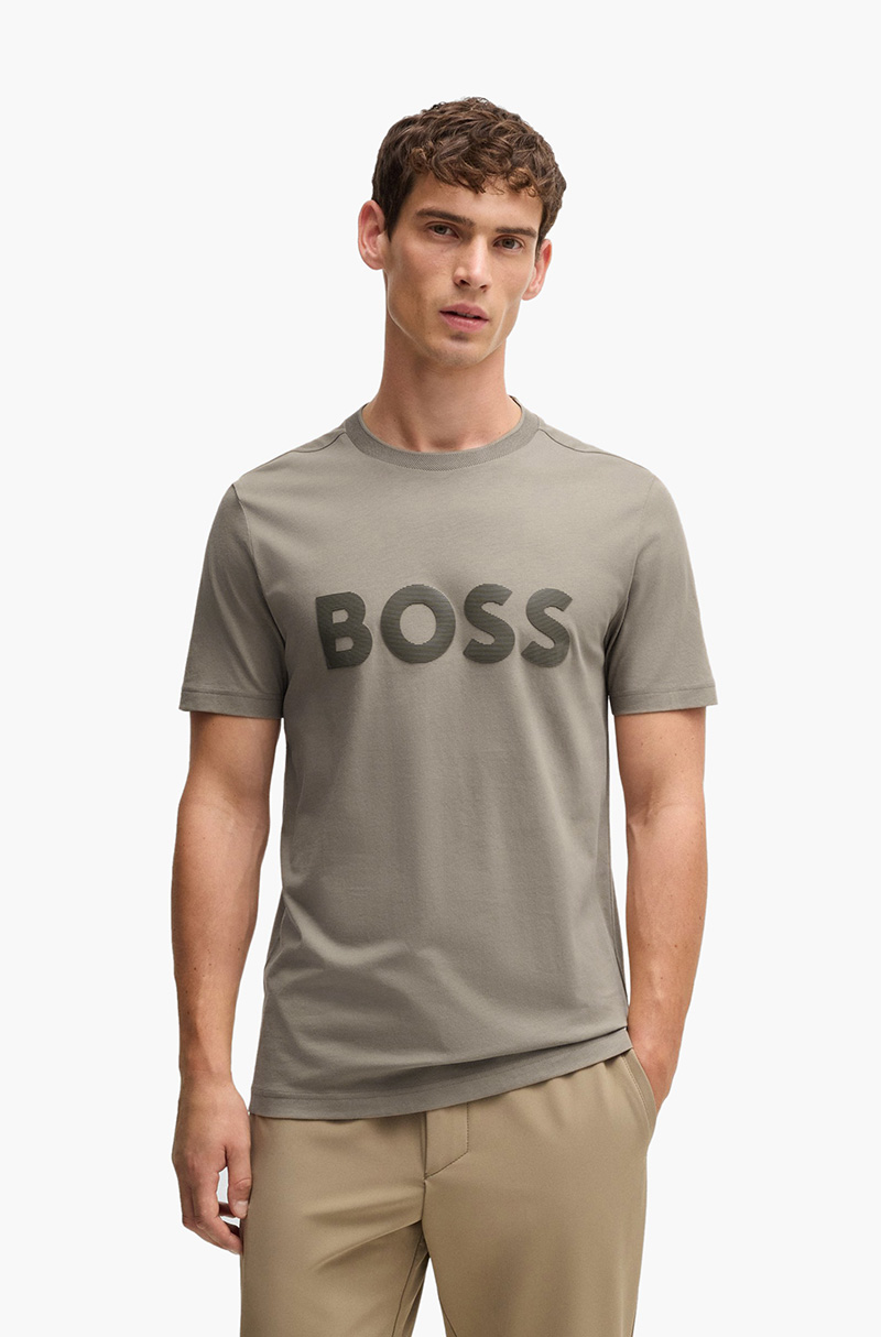 HUGO BOSS Men Tee Mirror 2 Cotton Jersey T-Shirt in Beige with Mirror-effect Logo 1