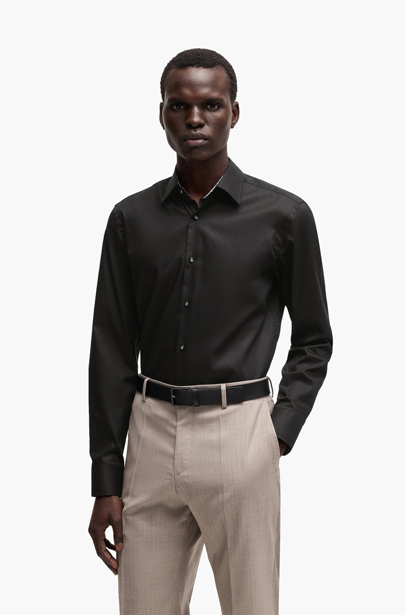 HUGO BOSS Men H-Hank-Kent C3 214 Slim-Fit Shirt in Black Eazy Iron Cotton Poplin 1