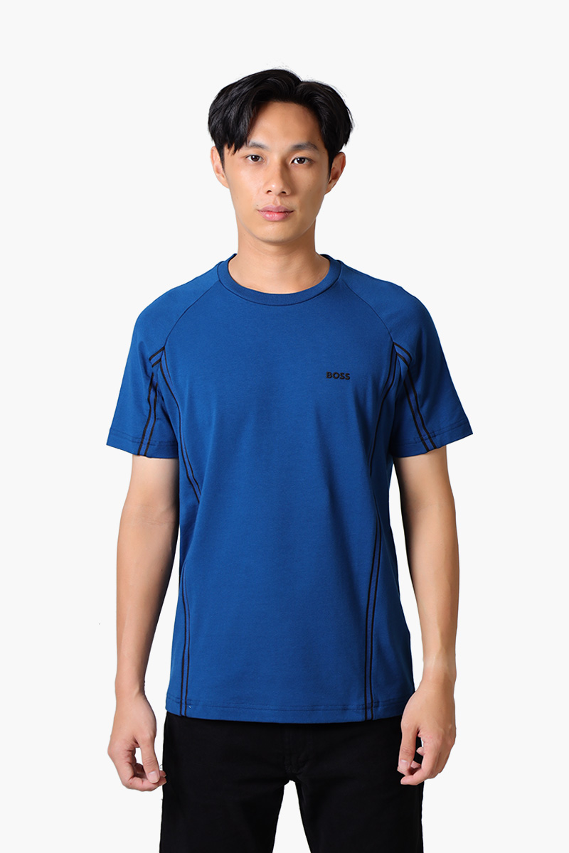 HUGO BOSS Men Tee Tape T-Shirt in Blue Stretch Cotton with Logo 0