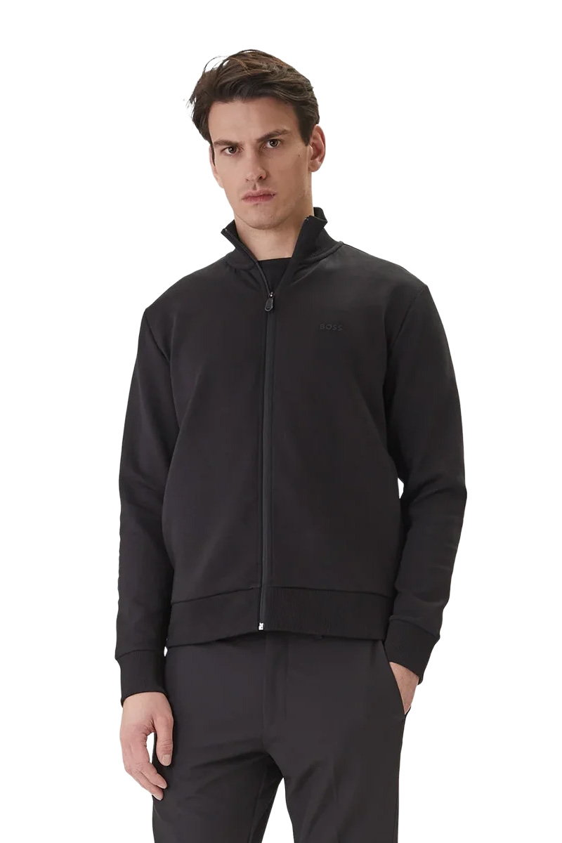 HUGO BOSS Men Skaz Zip-Up Sweatshirt in Black Cotton Stretch with Logo Print 1