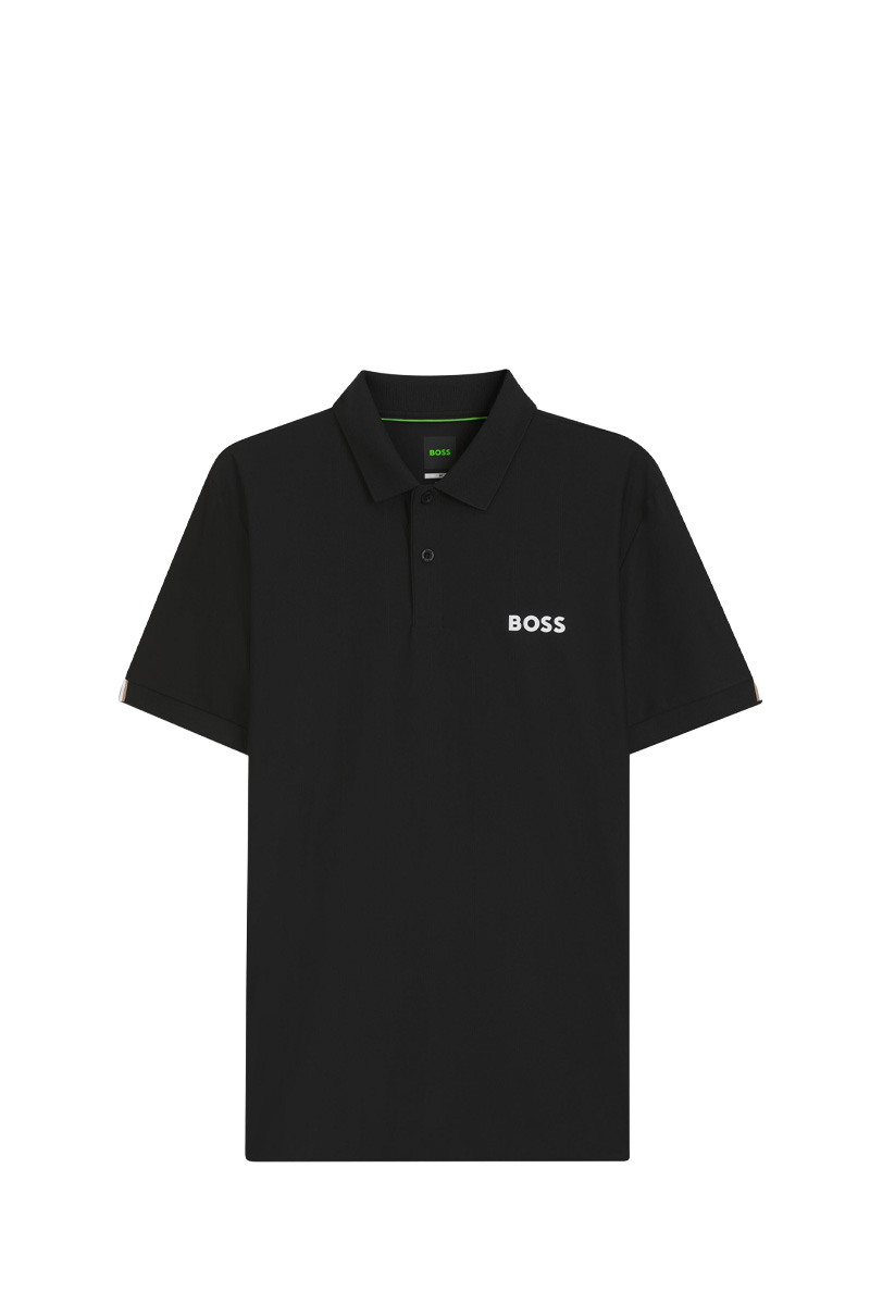 HUGO BOSS Men Active Stripe-Jersey Slim Fit Polo Shirt in Black Polyester with Four-Way Stretch 0
