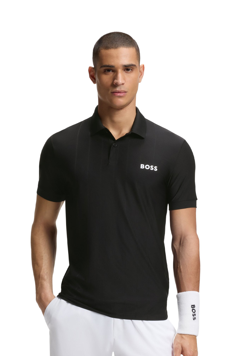 HUGO BOSS Men Active Stripe-Jersey Slim Fit Polo Shirt in Black Polyester with Four-Way Stretch 1