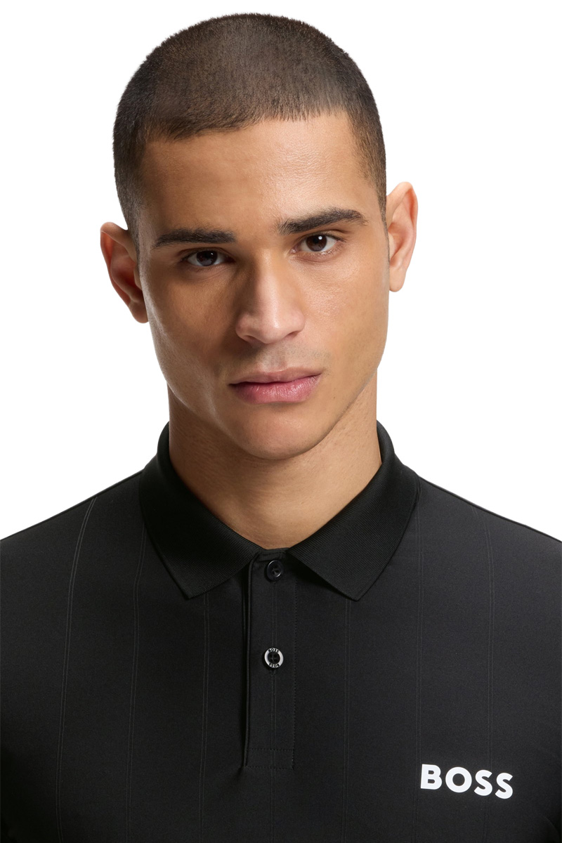 HUGO BOSS Men Active Stripe-Jersey Slim Fit Polo Shirt in Black Polyester with Four-Way Stretch 3