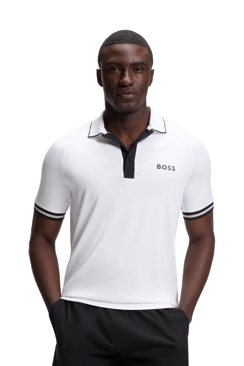 HUGO BOSS Men Active Slim-Fit Polo Shirt in White Polyester with Moisture Management 1