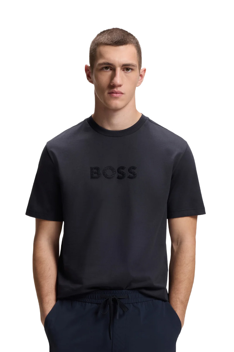 HUGO BOSS Men Terrace Logo Regular Fit T-Shirts In Dark Blue Cotton-Jersey with Golf Inspired Logo 1