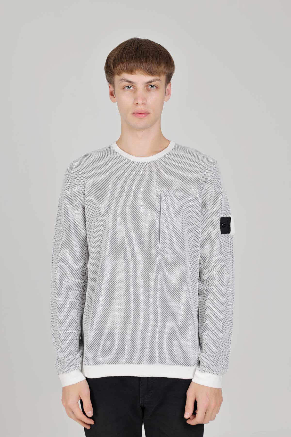STONE ISLAND Men Shadow Project Mesh-Overlay Logo Jumper in Natural/Grey 1