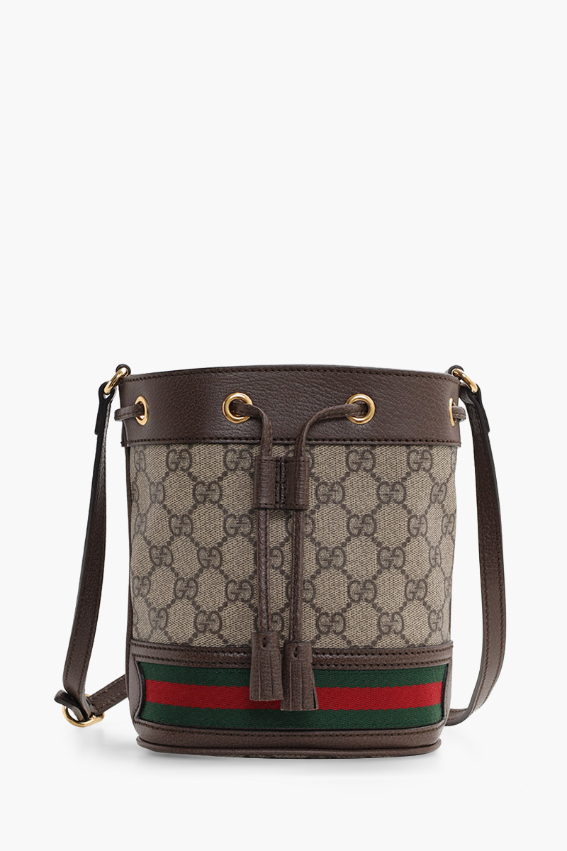 GUCCI Mini GG Supreme Ophidia Bucket Bag in Beige/Ebony with Green/Red Web 0