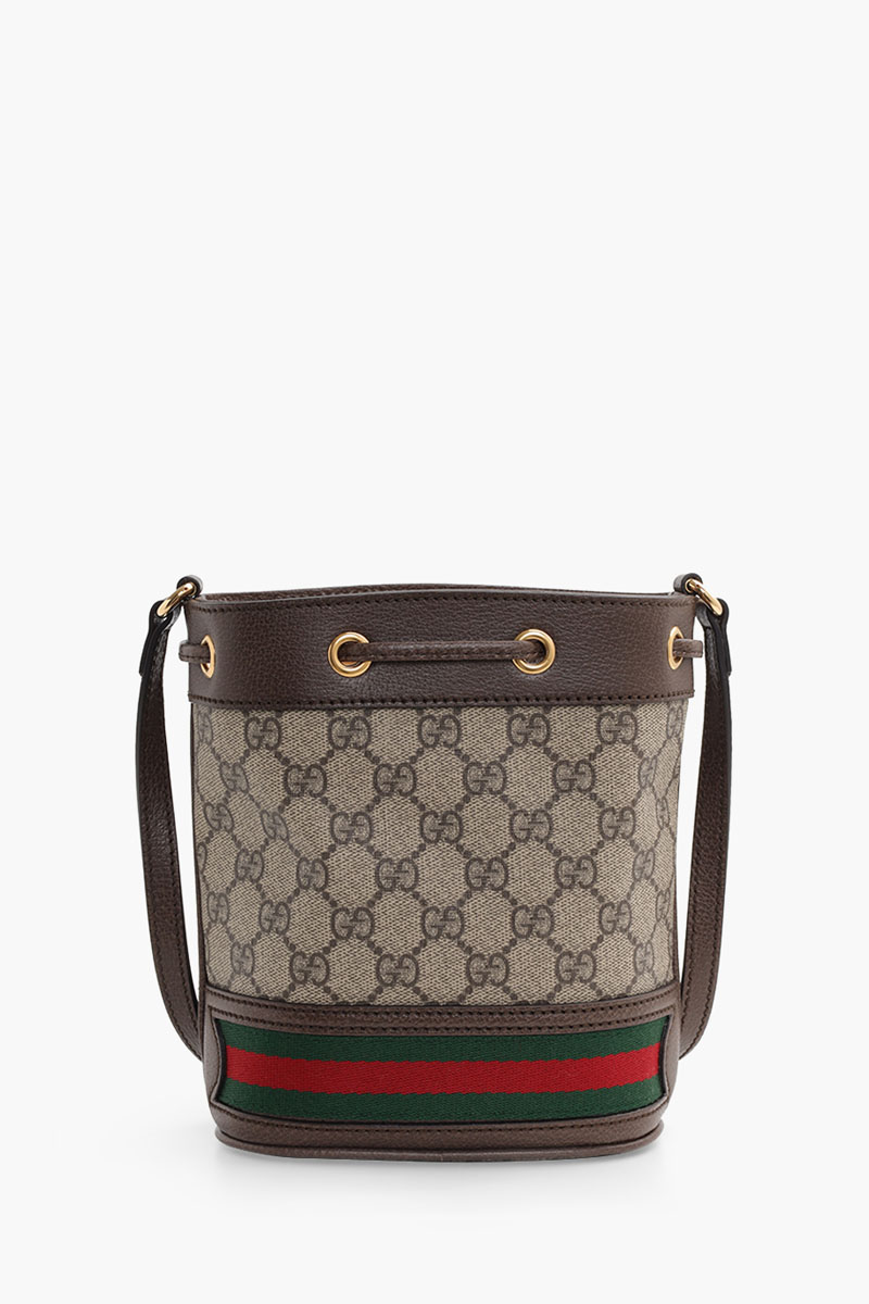 GUCCI Mini GG Supreme Ophidia Bucket Bag in Beige/Ebony with Green/Red Web 1
