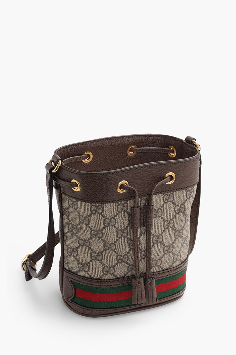 GUCCI Mini GG Supreme Ophidia Bucket Bag in Beige/Ebony with Green/Red Web 2