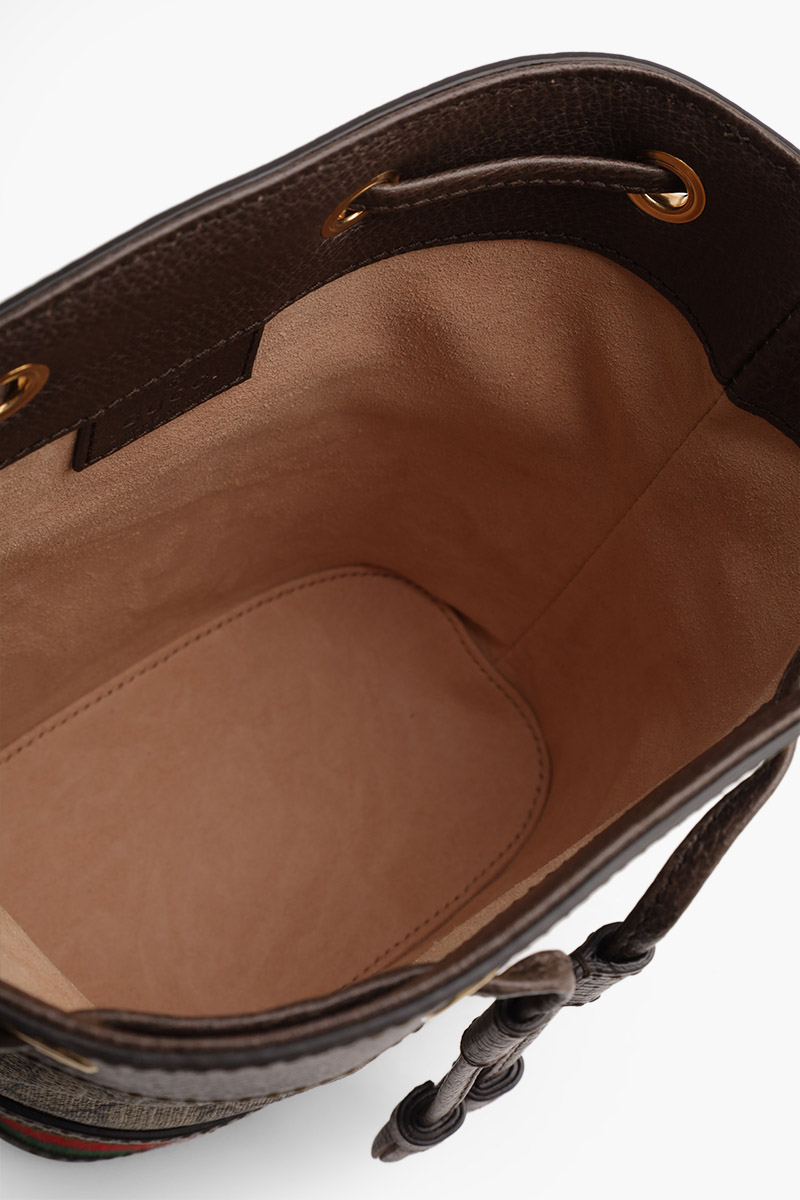 GUCCI Mini GG Supreme Ophidia Bucket Bag in Beige/Ebony with Green/Red Web 3