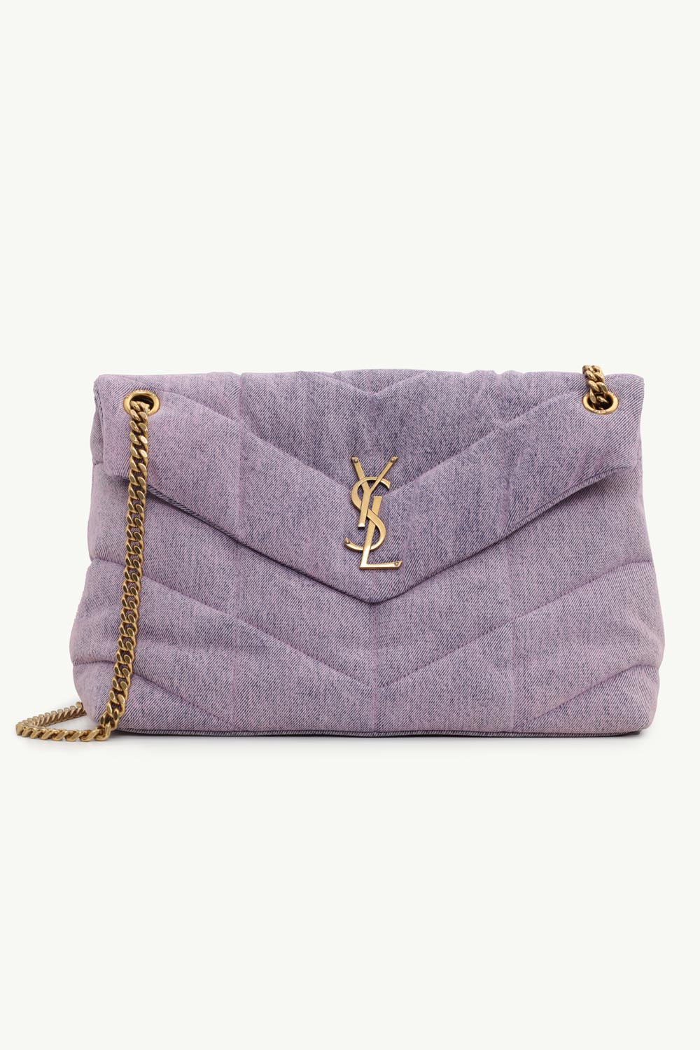 SAINT LAURENT Medium Loulou Puffer Shoulder Bag in Bleached Lilac Denim x Smooth Leather with Bronze Hardware 0