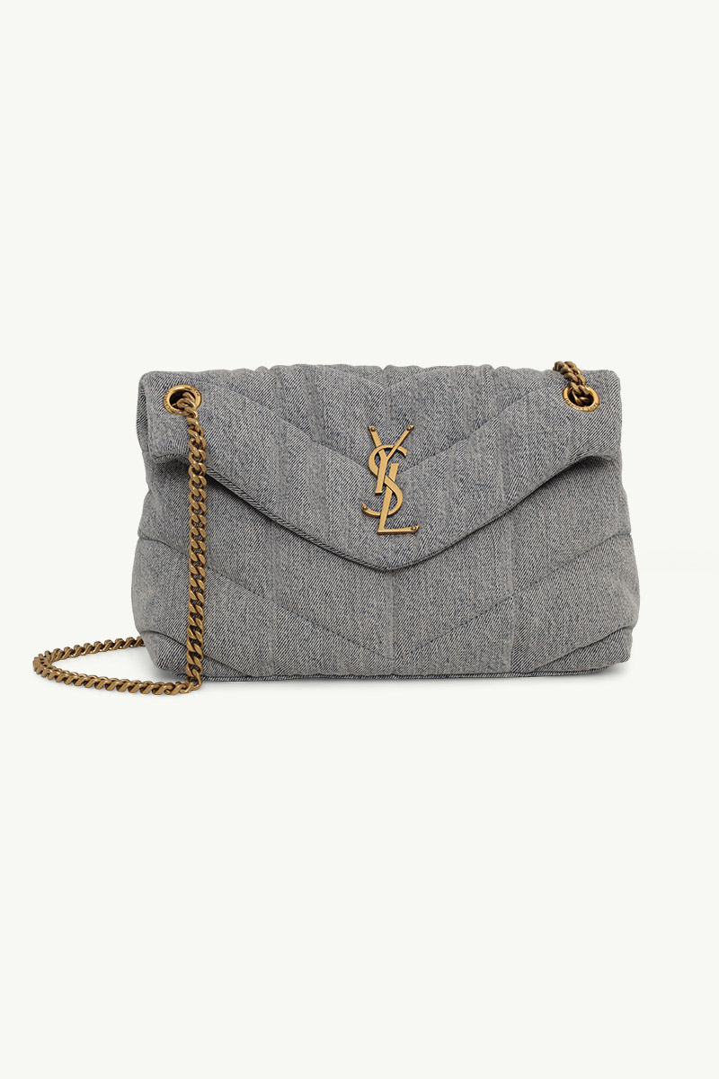 SAINT LAURENT Small Loulou Puffer Shoulder Bag in Blue Gray/Light Azure Denim x Smooth Leather with Bronze Hardware 0