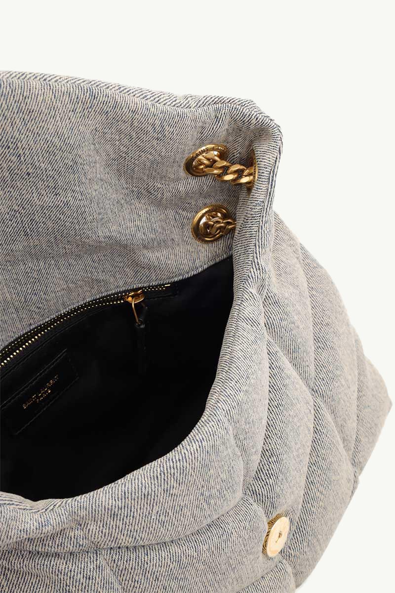 SAINT LAURENT Small Loulou Puffer Shoulder Bag in Blue Gray/Light Azure Denim x Smooth Leather with Bronze Hardware 3