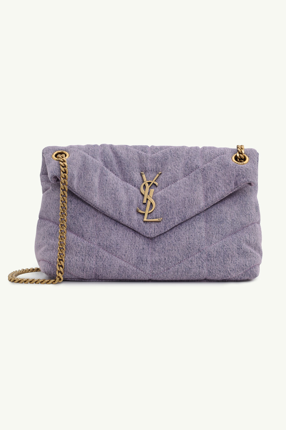 SAINT LAURENT Small Loulou Puffer Shoulder Bag in Bleached Lilac Denim x Smooth Leather with Bronze Hardware 0