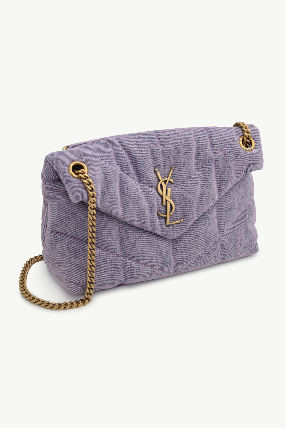 SAINT LAURENT Small Loulou Puffer Shoulder Bag in Bleached Lilac Denim x Smooth Leather with Bronze Hardware 2