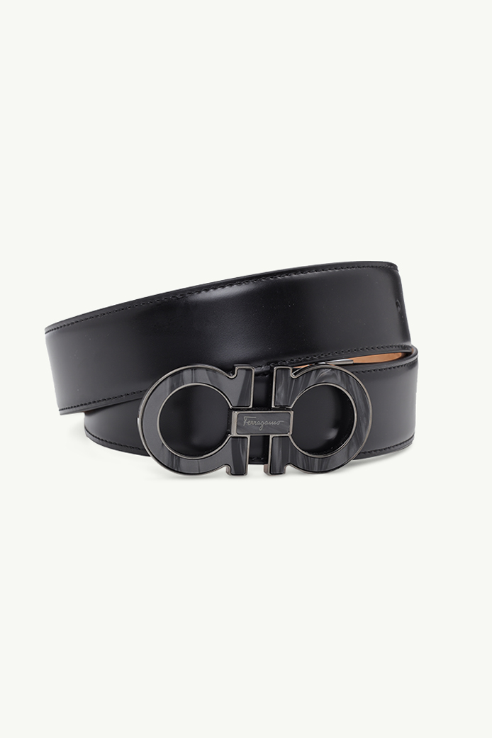 SALVATORE FERRAGAMO Gancini Belt 3.5cm in Black Supple Calfskin with Marble Buckle RHW 1