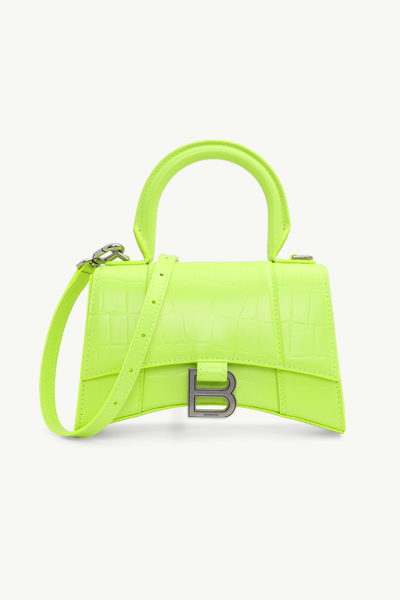 BALENCIAGA XS Hourglass Handbag in Neon Yellow Semi Shiny Crocodile Embossed Calfskin 0