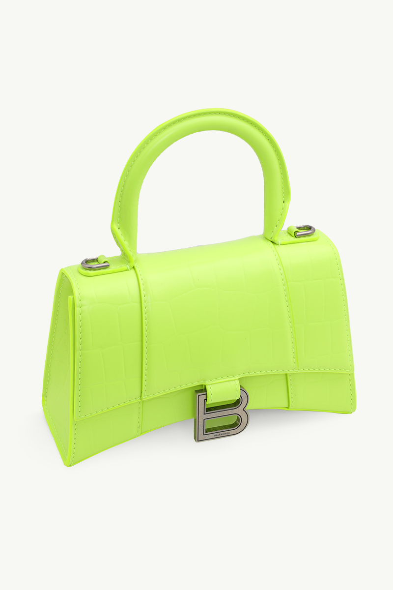 BALENCIAGA XS Hourglass Handbag in Neon Yellow Semi Shiny Crocodile Embossed Calfskin 2