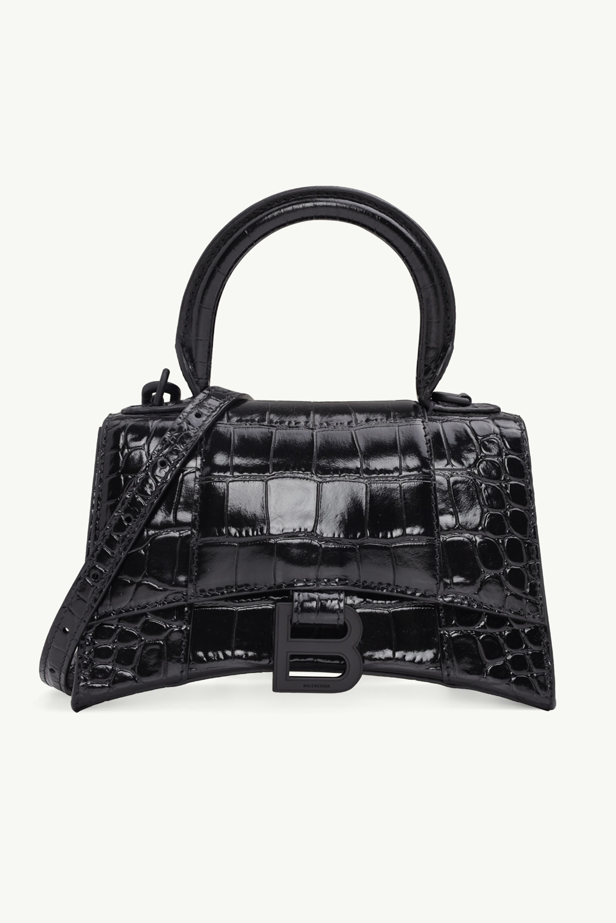 BALENCIAGA Hourglass Top Handle XS in Black Matte Shiny Croco 0