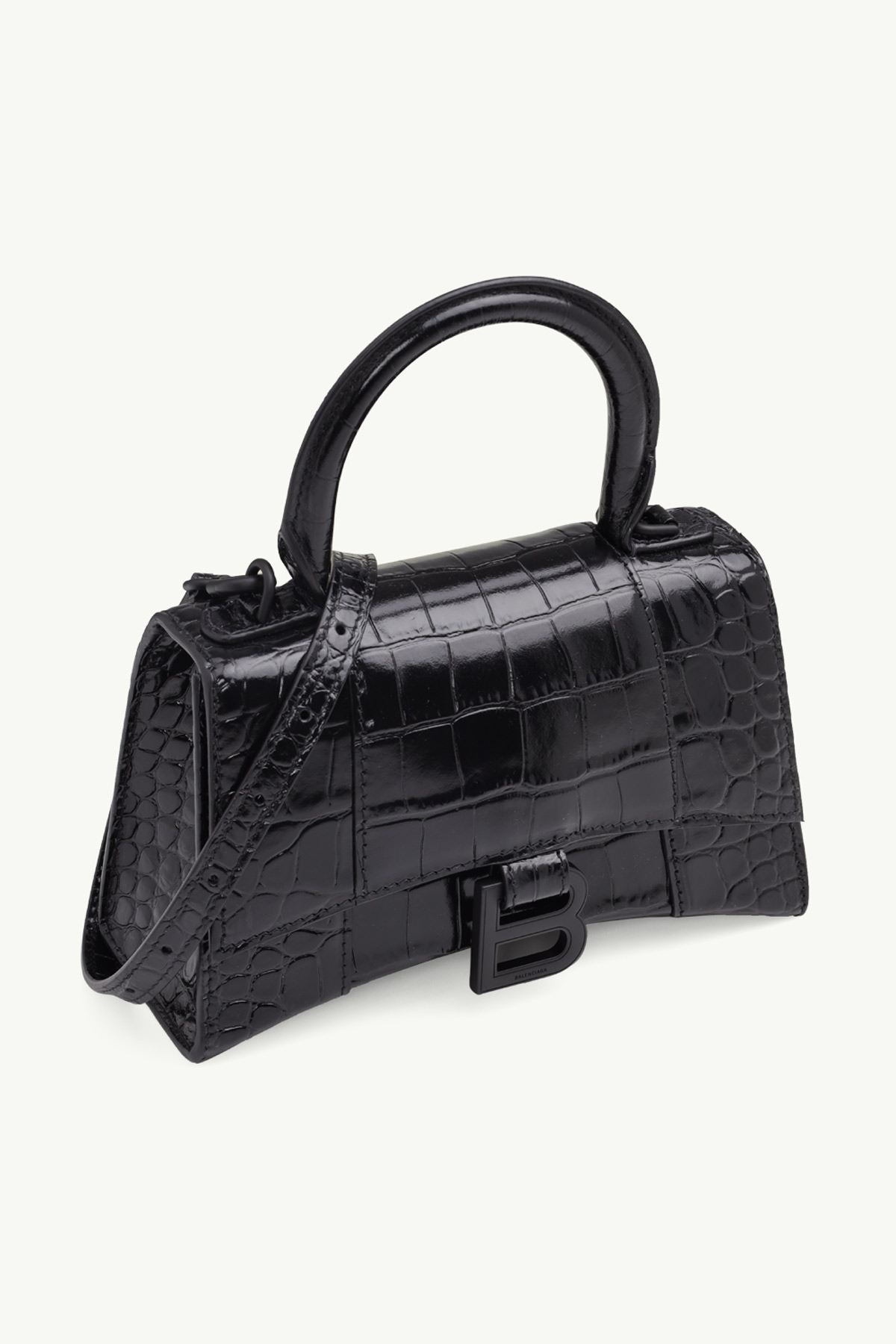 BALENCIAGA Hourglass Top Handle XS in Black Matte Shiny Croco 2