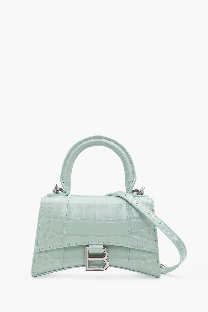 BALENCIAGA Hourglass Top Handle XS in Light Green Croco SHW 0