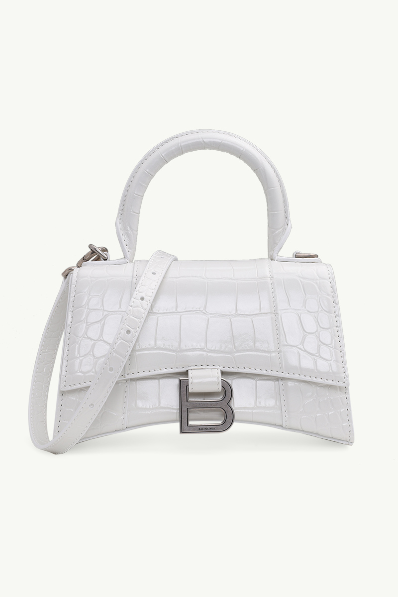 BALENCIAGA Hourglass Top Handle XS in White Croco SHW 0