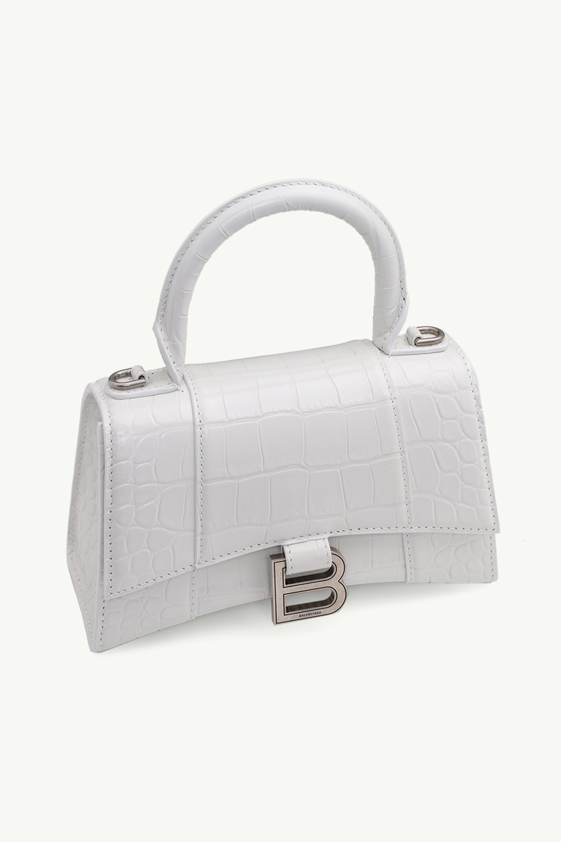 BALENCIAGA Hourglass Top Handle XS in White Croco SHW 2