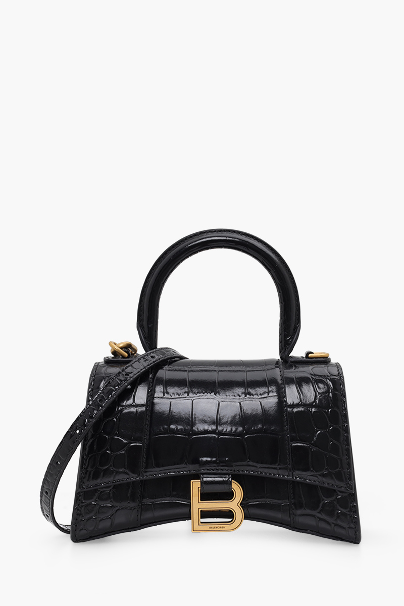 BALENCIAGA Hourglass Top Handle Bag XS in Black Shiny Croco GHW 0