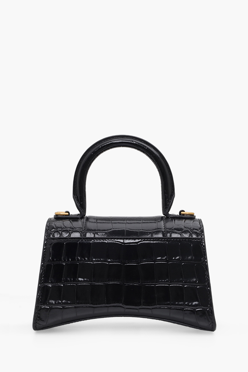 BALENCIAGA Hourglass Top Handle Bag XS in Black Shiny Croco GHW 1