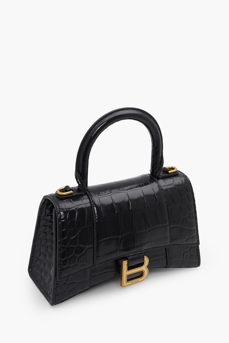 BALENCIAGA Hourglass Top Handle Bag XS in Black Shiny Croco GHW 2