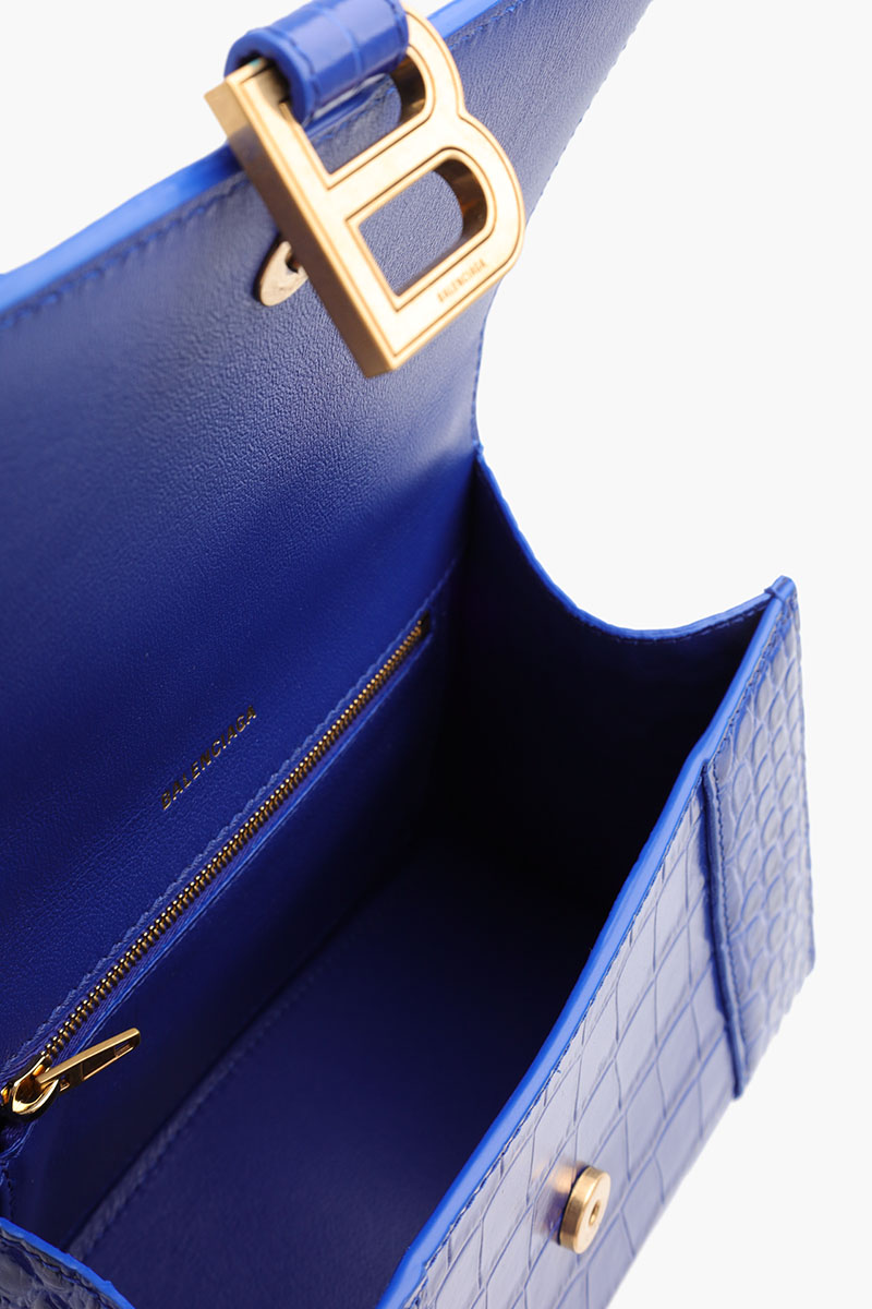 BALENCIAGA Hourglass Top Handle Bag S in Electric Blue Shiny Croco GHW 3