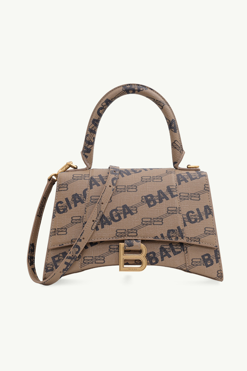 BALENCIAGA Hourglass Top Handle S in Beige/Brown/Black BB Monogram Coated Canvas with Balenciaga Logo 0