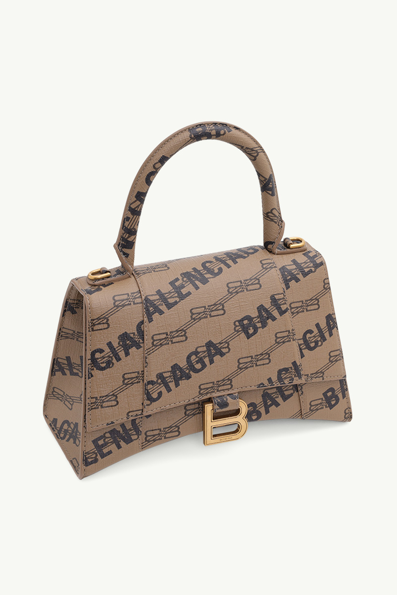 BALENCIAGA Hourglass Top Handle S in Beige/Brown/Black BB Monogram Coated Canvas with Balenciaga Logo 2