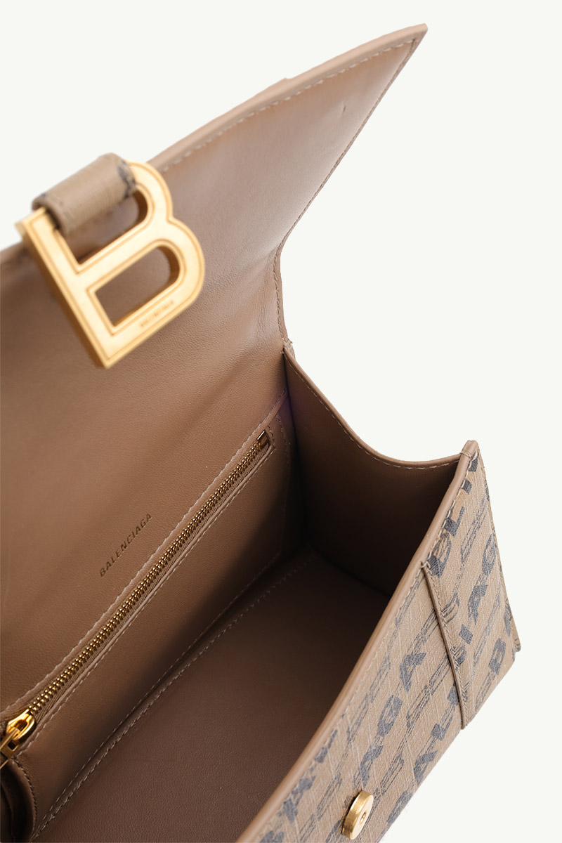 BALENCIAGA Hourglass Top Handle S in Beige/Brown/Black BB Monogram Coated Canvas with Balenciaga Logo 3