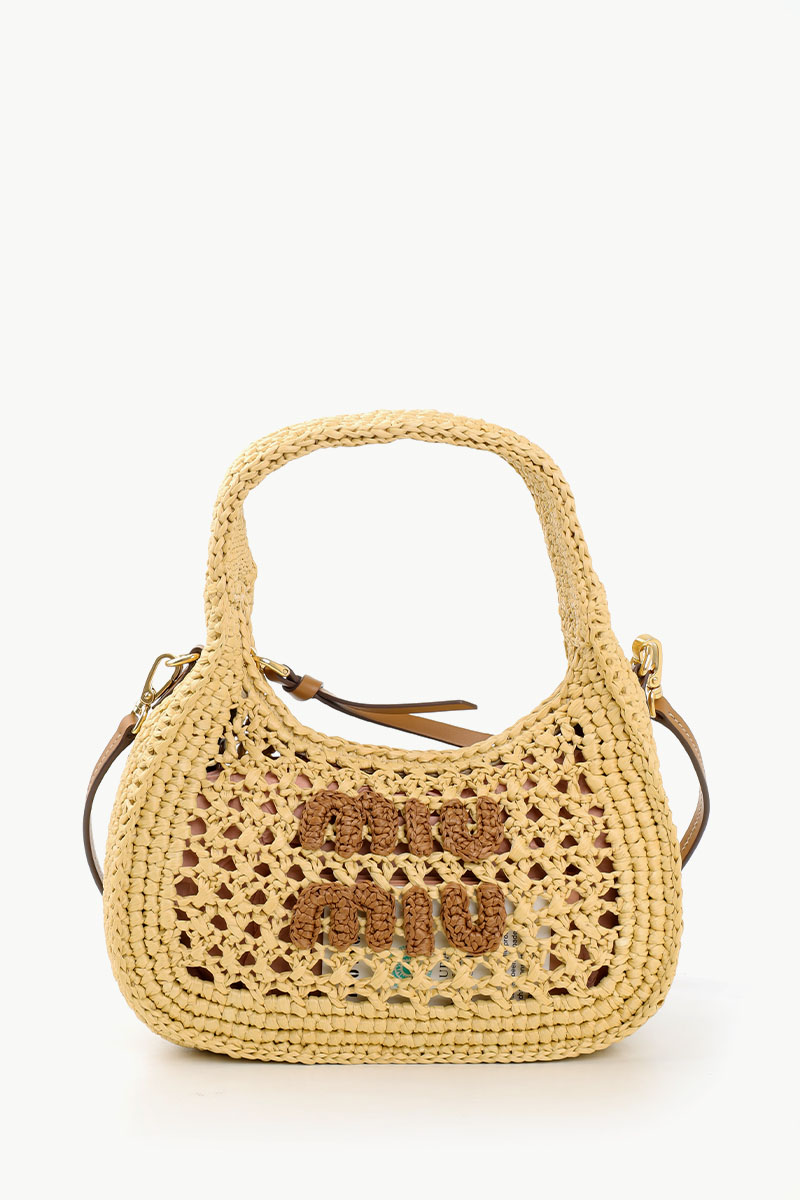 MIU MIU Wander Woven Fabric Hobo Bag in Beige/Cognac Viscose 0