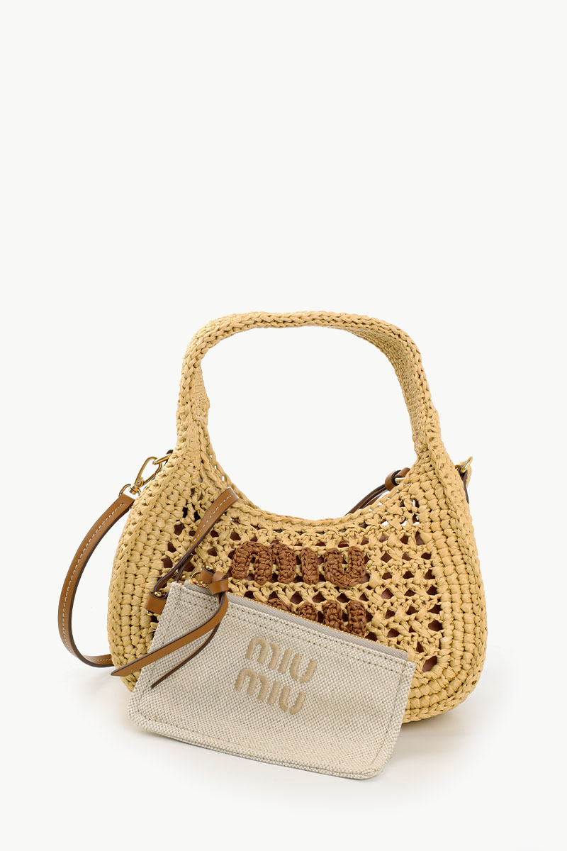 MIU MIU Wander Woven Fabric Hobo Bag in Beige/Cognac Viscose 1